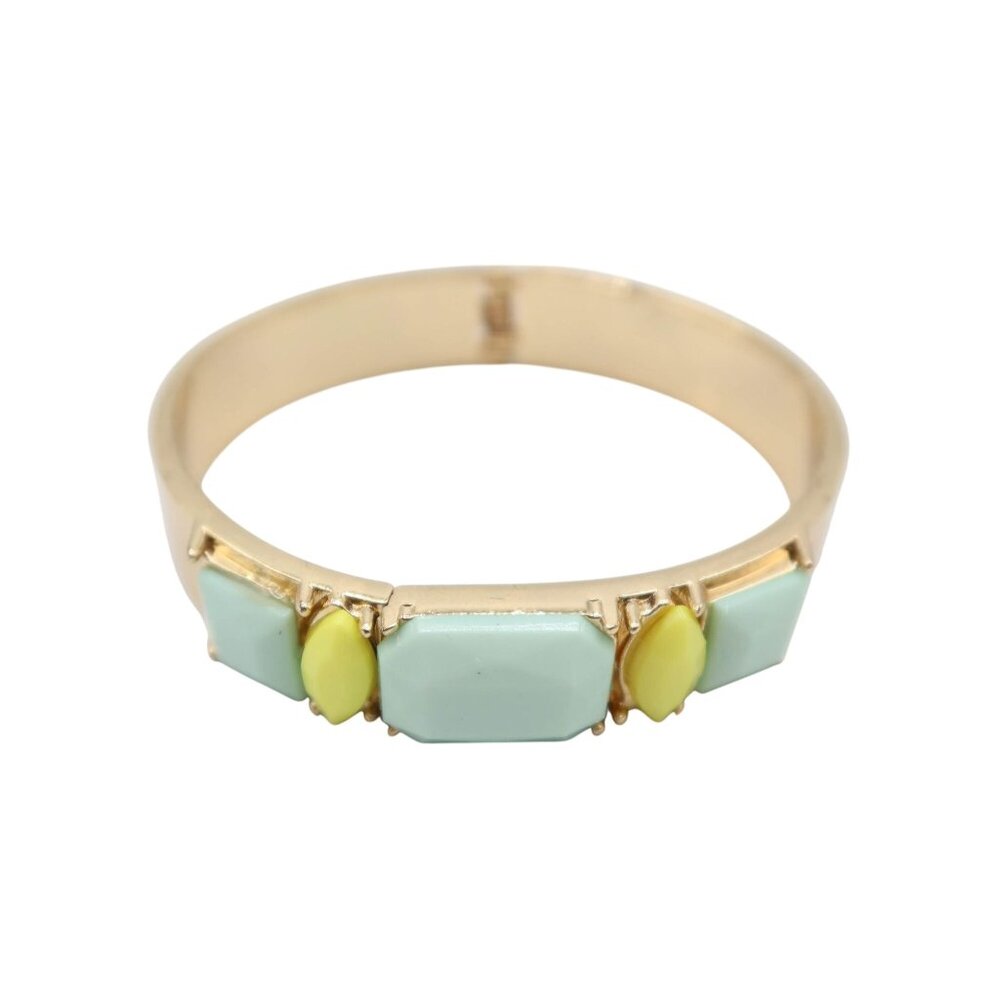 Gold Tone Mint & Lime Green Acrylic Stone Hinged Clamper Bracelet Unsigned